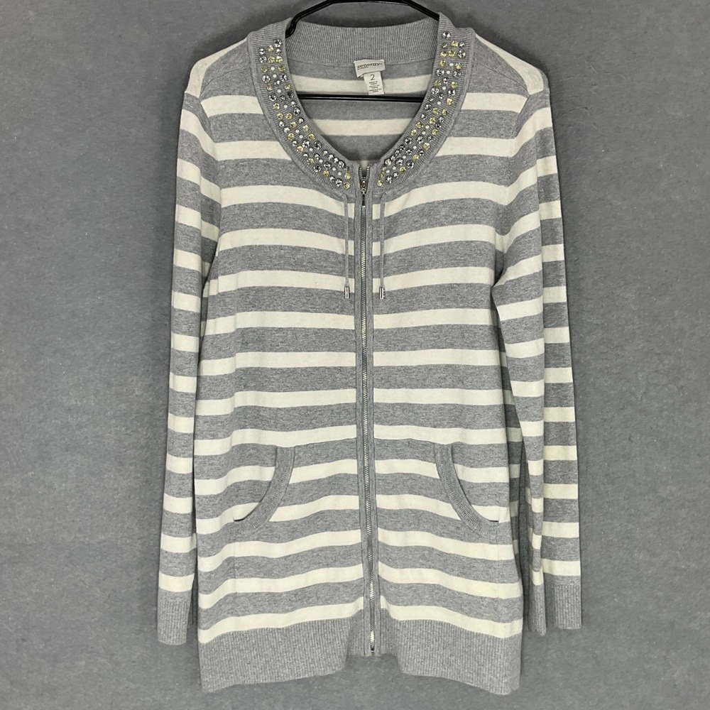 Zenergy by Chico's Cardigan Cashmere‎ Blend Striped Embellished Zip Sweater Glam